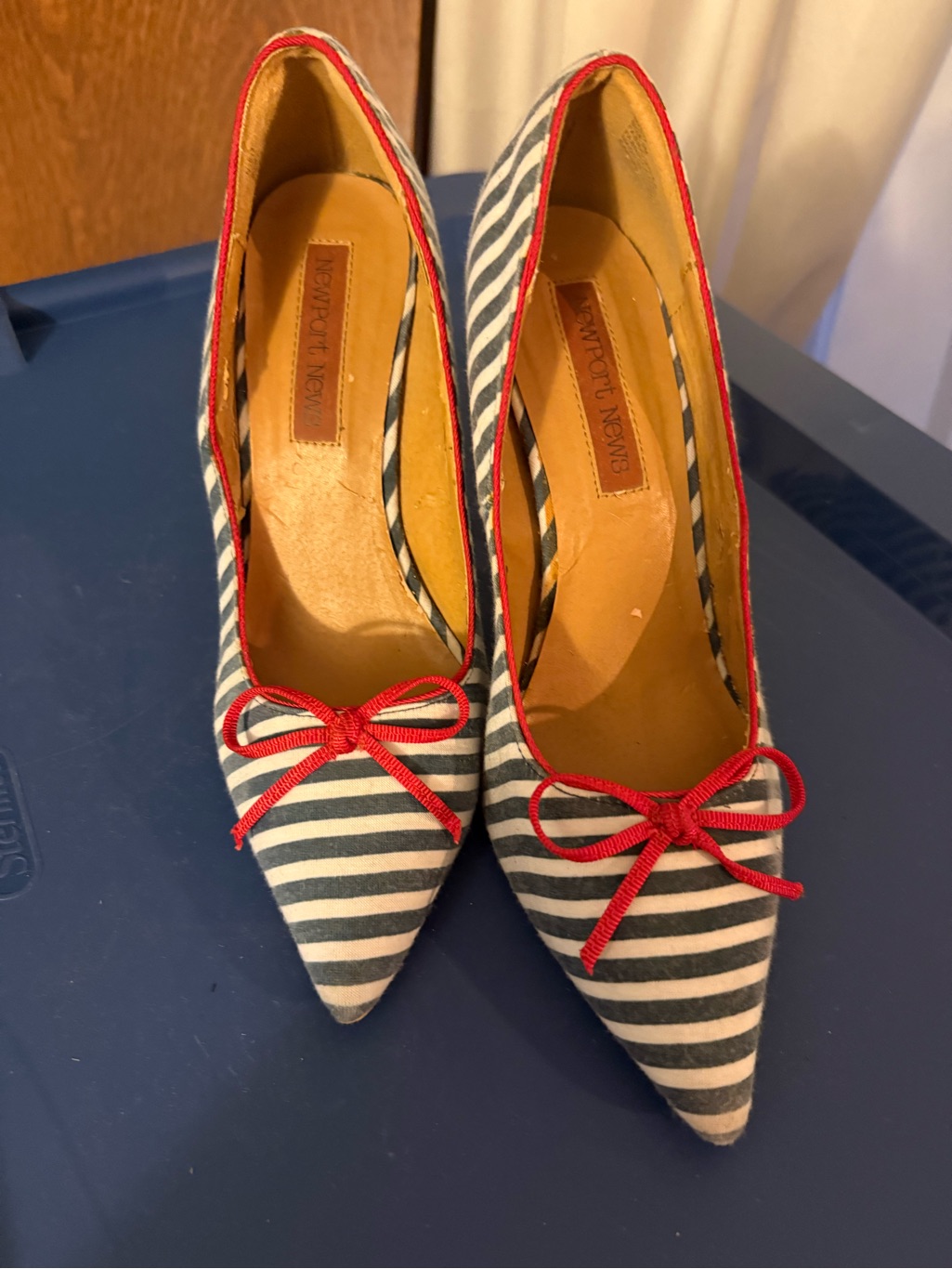 Newport News Navy And White Striped Pointed-Toe Pumps With Red Trim